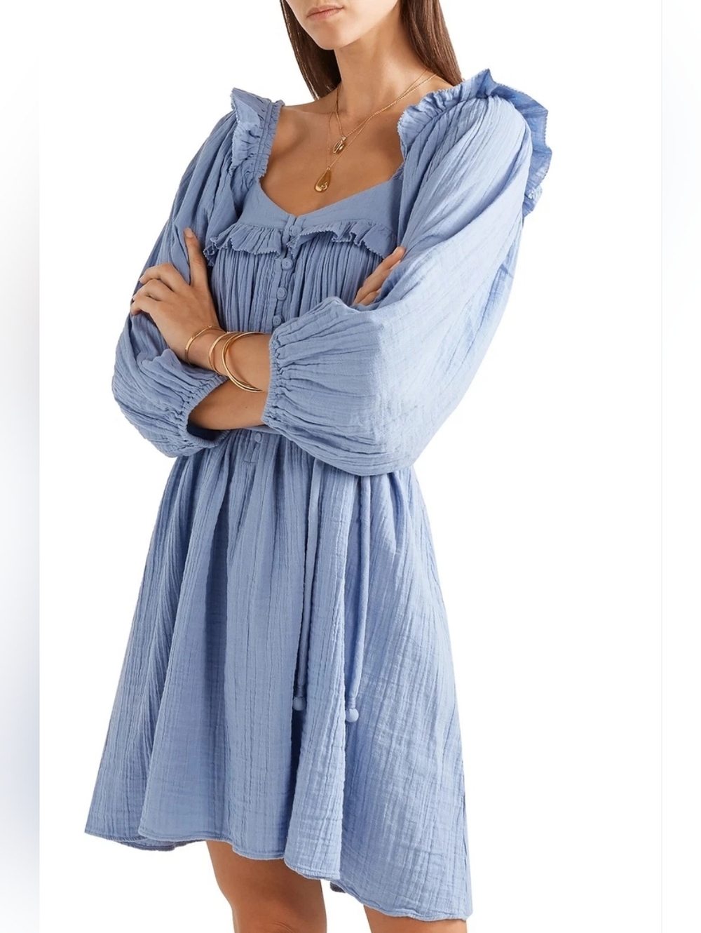 Apiece Apart Va Bene Ruffled Cotton-Crepon Dress in Blue, Size 2.